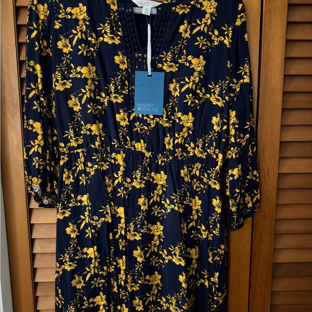 Market & Spruce Blue Floral Sundress with 3/4 Bishop Sleeves